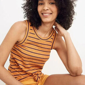 Madewell XS Audio Knot-Front Tank Top Striped Rust Navy Blue Yellow Gold L8971